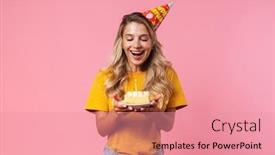  Presentation with happy birthday cake - PPT layouts consisting of image-of-happy-cheery-birthday background and a coral colored foreground