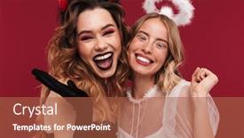  Presentation with demon - Beautiful PPT theme featuring image of happy cheery positive women demon and angel in carnival costumes isolated over red wall background backdrop and a red colored foreground