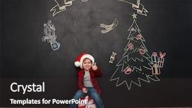  Presentation with child tree - Presentation theme enhanced with image of happy child wearing hat sitting on big gift near christmas tree drawing on blackboard and making thumbs up gesture looking at camera background and a dark gray colored foreground