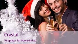  Presentation with flutes - PPT theme with image of happy couple stretching champagne flutes with silver tree at foreground background and a sky blue colored foreground