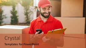  Presentation with happy-image - Colorful PPT layouts enhanced with image-of-happy-delivery-man backdrop and a red colored foreground