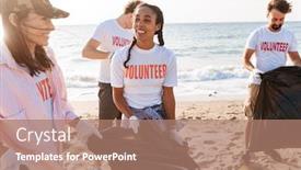  Presentation with happy image - Colorful PPT theme enhanced with trash bags at seashore backdrop and a coral colored foreground