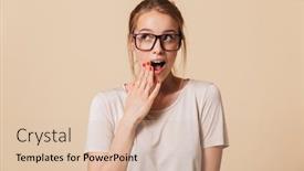  Presentation with basic - Presentation enhanced with image of happy excited woman 20s with tied hair wearing basic t-shirt and eyeglasses covering open mouth with hands isolated over beige background in studio background and a lemonade colored foreground
