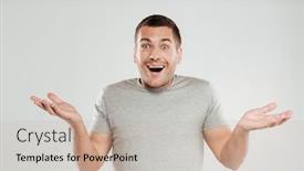  Presentation with happy image - Beautiful PPT theme featuring image of happy excited young man dressed in grey t-shirt isolated over grey wall background looking at camera backdrop and a mint green colored foreground