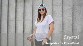  Presentation with happy image - Colorful presentation design enhanced with image of happy female athlete in sunglasses standing with skateboard against gray granite wall backdrop and a gray colored foreground
