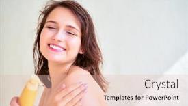  Presentation with happy image - Cool new slide deck with image of happy girl with body lotion in her hands on blank gray background backdrop and a lemonade colored foreground