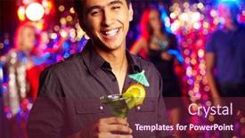  Presentation with cocktail party - Colorful PPT layouts enhanced with image of happy guy holding cocktail at party backdrop and a tawny brown colored foreground
