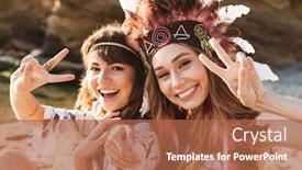  Presentation with happy image - Slide deck enhanced with image of happy hippy girls in feather headdress showing peace fingers and sitting by seaside in morning background and a red colored foreground