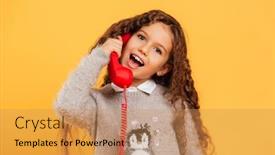 Presentation with red telephone - Colorful presentation enhanced with image of happy little girl child standing isolated over yellow background talking by red retro telephone looking camera backdrop and a coral colored foreground