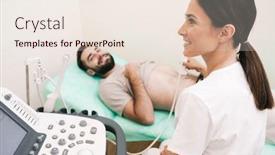  Presentation with medical ultrasound - PPT theme with image of happy man getting abdominal ultrasound scan by female doctor in medical uniform at hospital background and a lemonade colored foreground