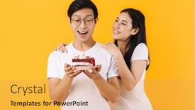  Presentation with happy birthday cake - Beautiful PPT theme featuring image-of-happy-multinational-couple backdrop and a yellow colored foreground