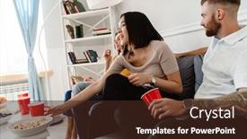  Presentation with popcorn movie - Slide set enhanced with image-of-happy-multinational-friends background and a wine colored foreground