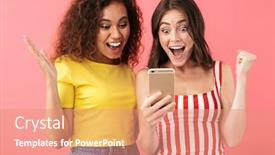  Presentation with happy image - Cool new slide set with image of happy multinational girls rejoicing and looking at cellphone together isolated over pink background backdrop and a coral colored foreground