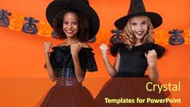  Presentation with black girls - PPT theme featuring image of happy multinational girls in black halloween costumes smiling with throwing up fists isolated over orange pumpkin wall background and a tawny brown colored foreground