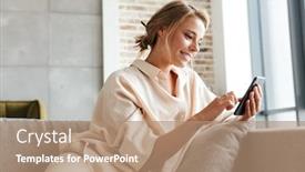  Presentation with happy image - Beautiful slide deck featuring image-of-happy-nice-woman backdrop and a coral colored foreground