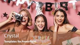  Presentation with happy birthday cake - Presentation featuring image of happy party girls with retro camera holding birthday cake and gift box isolated over pink background background and a red colored foreground