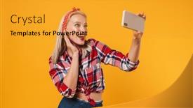  Presentation with happy image - Colorful presentation theme enhanced with image-of-happy-pinup-girl backdrop and a gold colored foreground