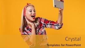  Presentation with happy image - Slide set having image-of-happy-pinup-girl background and a gold colored foreground