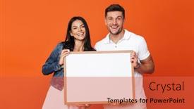  Presentation with optimistic - Beautiful presentation theme featuring image of happy positive optimistic attractive loving couple isolated over red wall background holding copyspace blank backdrop and a red colored foreground