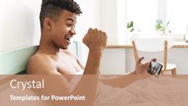  Presentation with mobile games - Colorful presentation design enhanced with image-of-happy-positive-young backdrop and a coral colored foreground