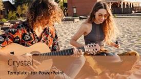  Presentation with drum - Presentation theme having image-of-happy-positive-young background and a coral colored foreground