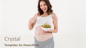  Presentation with vitamin - PPT theme enhanced with image of happy pregnant woman standing isolated while eating vitamin salad over white background looking camera showing thumbs up and winking background and a sky blue colored foreground