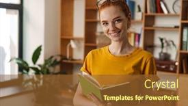  Presentation with eyeglasses - Beautiful presentation design featuring image-of-happy-redhead-girl backdrop and a tawny brown colored foreground