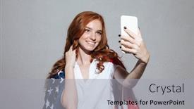  Presentation with happy image - Audience pleasing slide set consisting of image of happy redhead young lady with usa flag make selfie by phone looking aside backdrop and a light gray colored foreground
