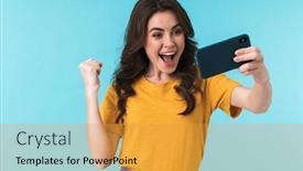  Presentation with mobile games - Slide set consisting of image-of-happy-screaming-young background and a gold colored foreground