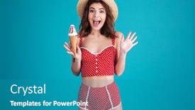  Presentation with ice blue - Presentation consisting of image of happy surprised young woman with ice-cream and opened mouth looking at camera isolated over blue background background and a teal colored foreground