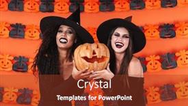  Presentation with black women - Audience pleasing slide set consisting of image of happy witch women in black halloween costume and makeup holding pumpkin isolated over orange wall backdrop and a tawny brown colored foreground