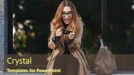  Presentation with eyeglasses - Colorful slide set enhanced with image of happy woman 20s wearing coat and eyeglasses using mobile phone while sitting in front of building backdrop and a tawny brown colored foreground