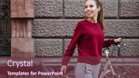  Presentation with look - Beautiful presentation theme featuring image of happy woman dressed in sweater walking with her bicycle in the city while standing near wall and smiling look aside backdrop and a tawny brown colored foreground