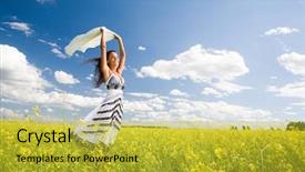  Presentation with happy image - Cool new presentation theme with image of happy woman holding backdrop and a yellow colored foreground