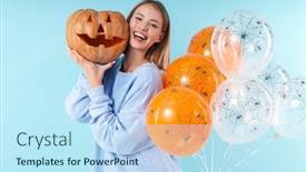  Presentation with balloons blue - Presentation theme enhanced with image of happy woman smiling and holding halloween carved pumpkin isolated over blue background with air balloons background and a sky blue colored foreground
