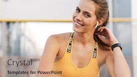  Presentation with railing - Colorful slide deck enhanced with image of happy woman in sportswear with earpods smiling while standing over railing outdoors backdrop and a coral colored foreground