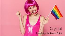  Presentation with rainbow flag - Amazing slide deck having image-of-happy-woman backdrop and a coral colored foreground