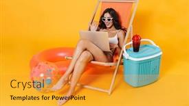  Presentation with happy image - Cool new PPT theme with image-of-happy-woman backdrop and a gold colored foreground