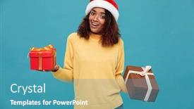  Presentation with happy image - Theme with image of happy young african lady dressed in warm sweater wearing christmas hat standing isolated over blue background holding gift boxes looking camera background and a teal colored foreground