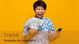  Presentation with mobile money - Colorful PPT theme enhanced with image of happy young asian man standing isolated over yellow background holding money and using mobile phone backdrop and a gold colored foreground