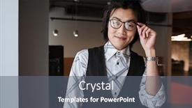 Presentation with coworking - Cool new slide deck with image of happy young asian man wearing glasses dressed in jacket and shirt standing indoors and looking at camera coworking concept backdrop and a gray colored foreground