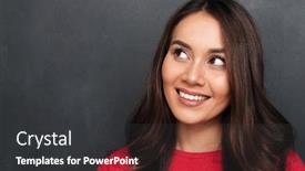  Presentation with dark grey - Theme having image of happy young beautiful woman standing over dark grey wall chalkboard looking aside background and a dark gray colored foreground