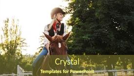  Presentation with horse riding - Presentation design with image of happy young blonde woman wearing hat riding horse at yard in countryside background and a tawny brown colored foreground