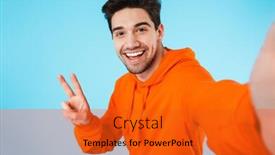  Presentation with happy-image - Beautiful slide deck featuring image-of-happy-young-bristle backdrop and a gold colored foreground