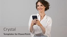  Presentation with happy image - PPT layouts with image of happy young business woman posing isolated over grey wall background using mobile phone chatting background and a light gray colored foreground