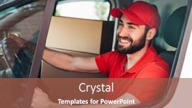  Presentation with delivery van - PPT theme having image-of-happy-young-delivery background and a red colored foreground