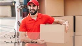  Presentation with man looking up happy - Cool new presentation theme with image-of-happy-young-delivery backdrop and a lemonade colored foreground