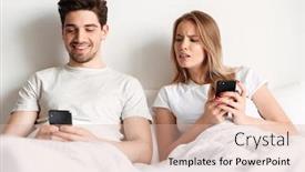  Presentation with wife - Slides featuring image of happy young man lies in bed using smartphone chatting while his wife looking to his phone background and a lemonade colored foreground