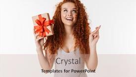  Presentation with hopeful - Presentation theme with image of happy young redhead curly girl isolated over white wall background holding surprise box gift make hopeful please gesture background and a coral colored foreground