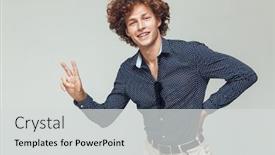  Presentation with happy image - Slides featuring image of happy young retro man dressed in shirt standing and posing isolated looking camera showing peace gesture background and a light gray colored foreground